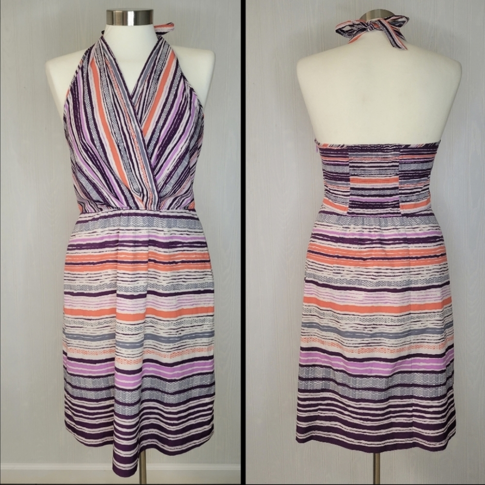 Athleta Striped Halter Mini Dress in Purple, Pink, Orange, White size 10Tall